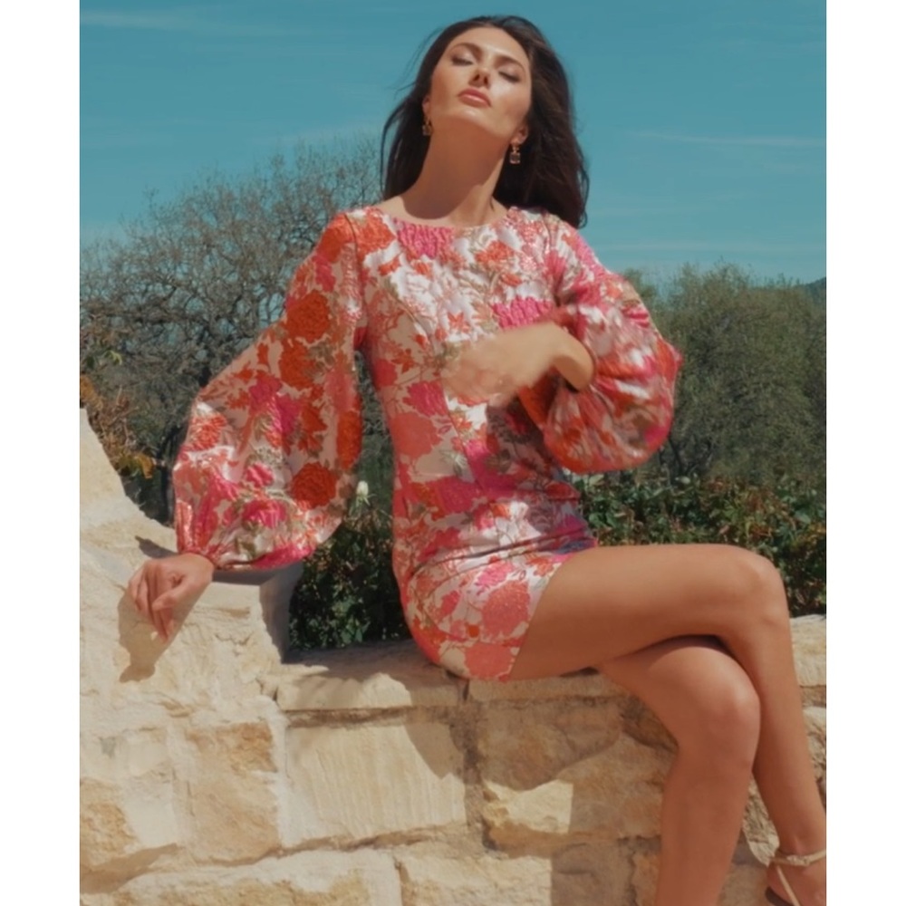 Mac Duggal by Ieena Pink Floral Brocade Balloon Sleeve Mini Dress - Picture 16 of 16